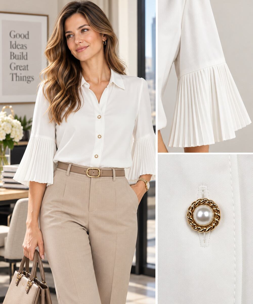 Karl Lagerfeld Paris women Sz L White blouse Flare Sleeves Gold Pearl Button